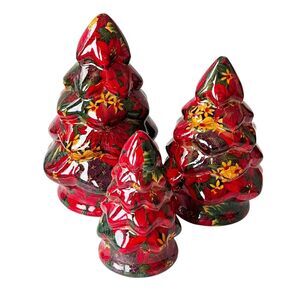 Vtg 1994 Patricia Reach Trio Ceramic Christmas Tree Decopage w Poinsettia Image